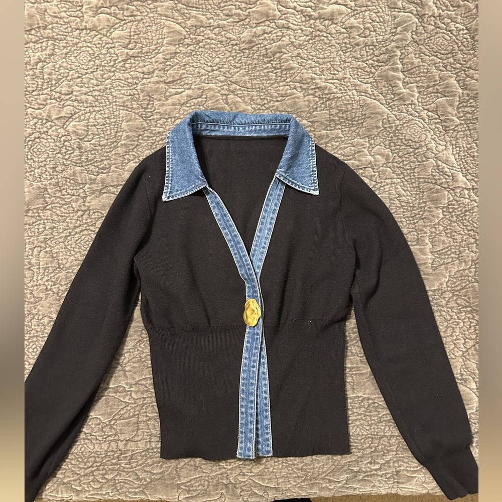 Black Sweater with Denim Trim